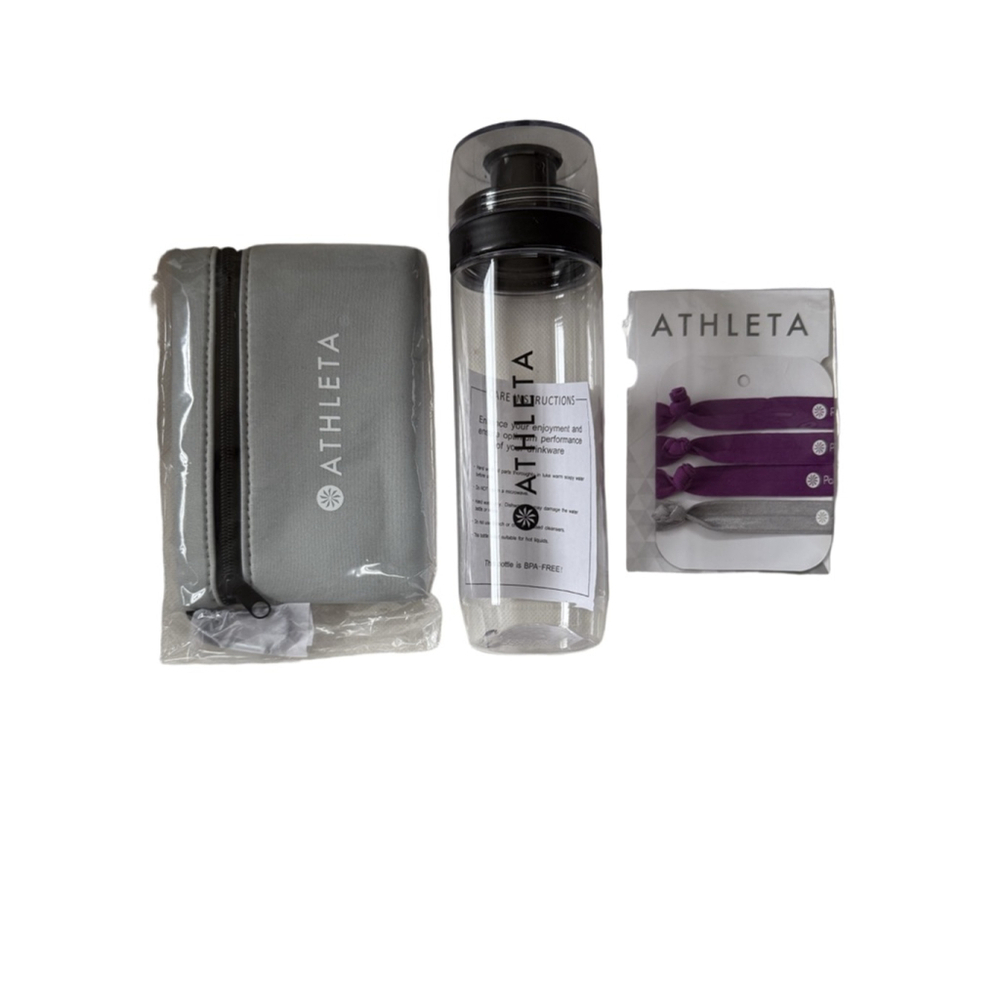 NWT Athleta 3 Pc Gift Set : water bottle Hait Ties Zippered Pouch